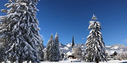 Hotels und Ferienwohnungen im Oberallgäu - Parken & Anreise: Anreise mit ÖPNV möglich - Blick von Fischen-Au auf das verschneite Fischen - Alpin Hotel bichl 761