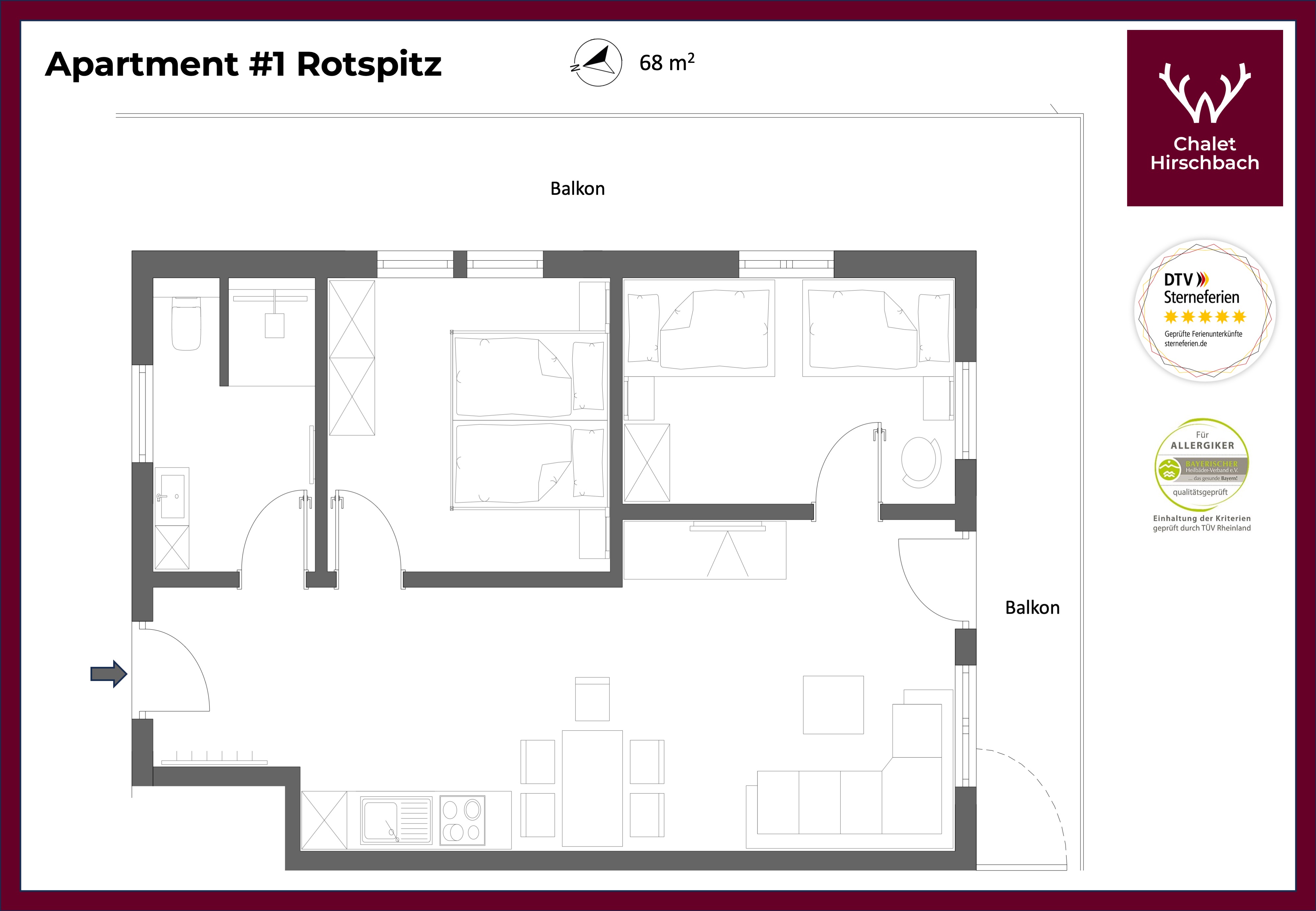 Hotels und Ferienwohnungen im Oberallgäu - Bad Hindelang Bad Hindelang - Ort - Apartment 1 "Rotspitz": Grundriss - Chalet Hirschbach - Bad Hindelang im Allgäu