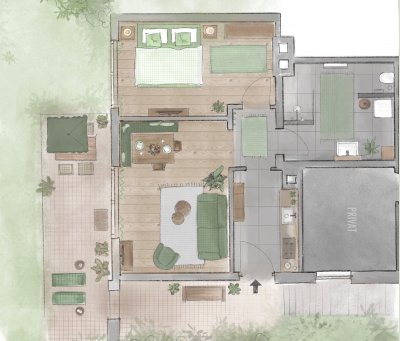 Unterkunft im Allgäu: Grundriss - Baldaufs Alpchalet- Urlaub mit Hund im Grünen mit Bergblick