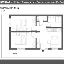 Unterkunft im Allgäu: Grundriss Ferienwohnung #2 Hirschberg für 2 bis 4 Personen - Bäumers Retreat - Ferienwohnungen in Bad Hindelang
